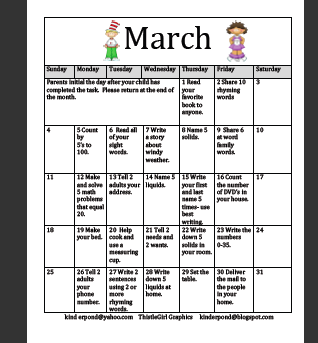 Monthly homework calendars for kindergarten